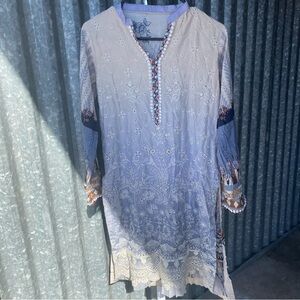 Boho Blue Ombre Eyelet Lace Embroidered Tunic Dress Size S/M